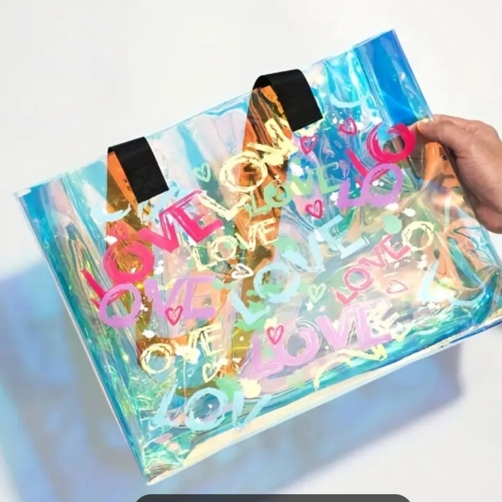 608. Holographic Tote Bag with Love Print